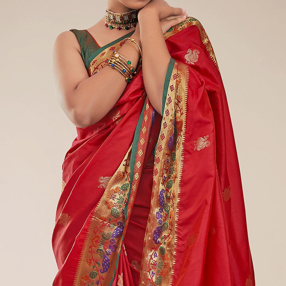 Red Festive Wear Woven Paithani Pallu Silk Saree - Peachmode