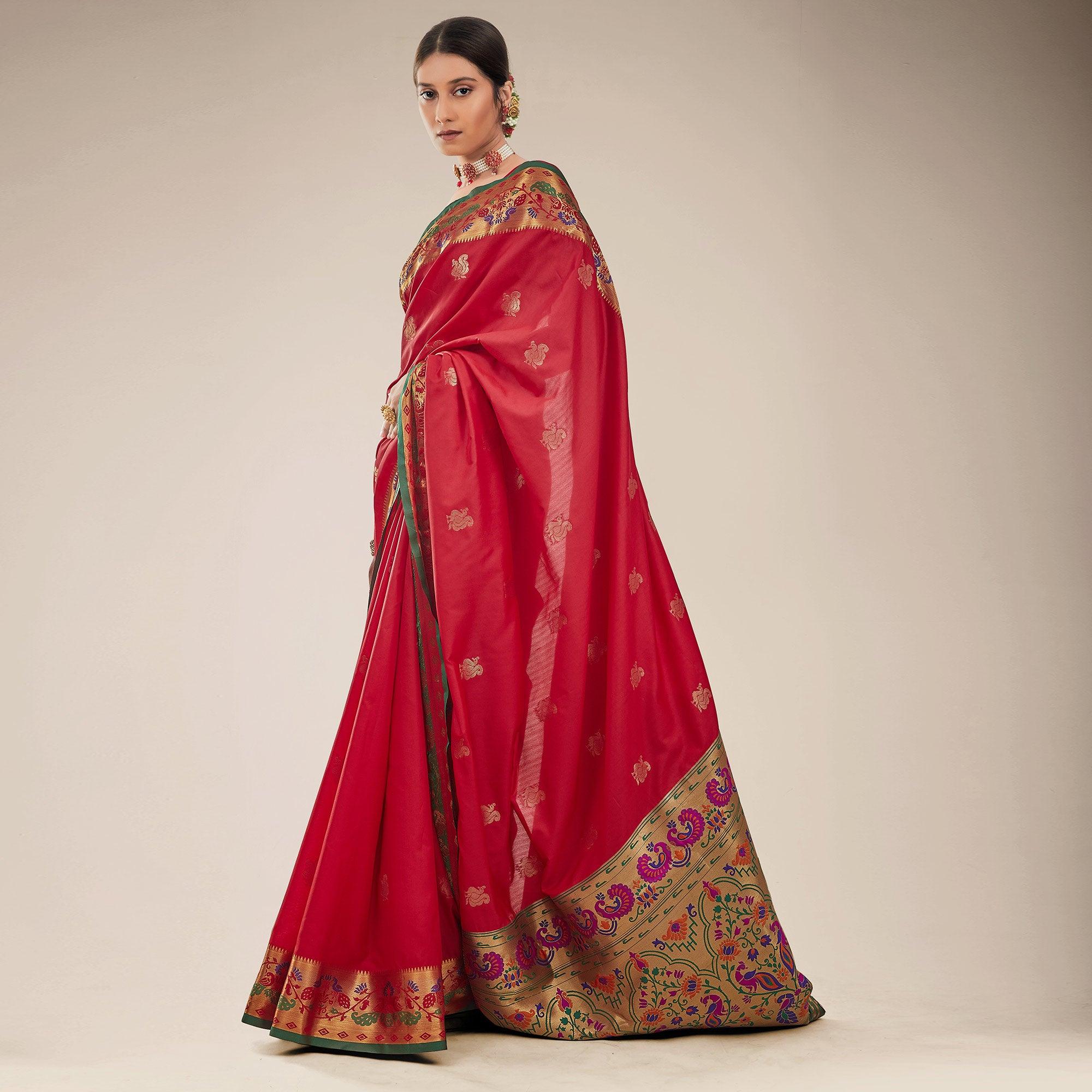Red Festive Wear Woven Paithani Pallu Silk Saree - Peachmode