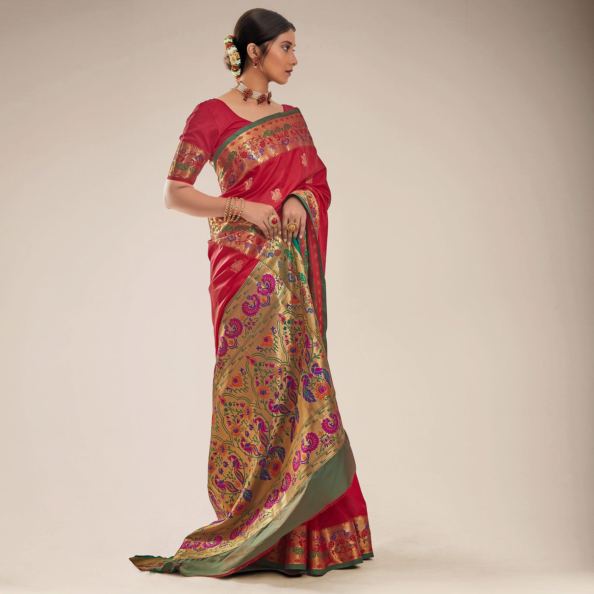 Red Festive Wear Woven Paithani Pallu Silk Saree - Peachmode
