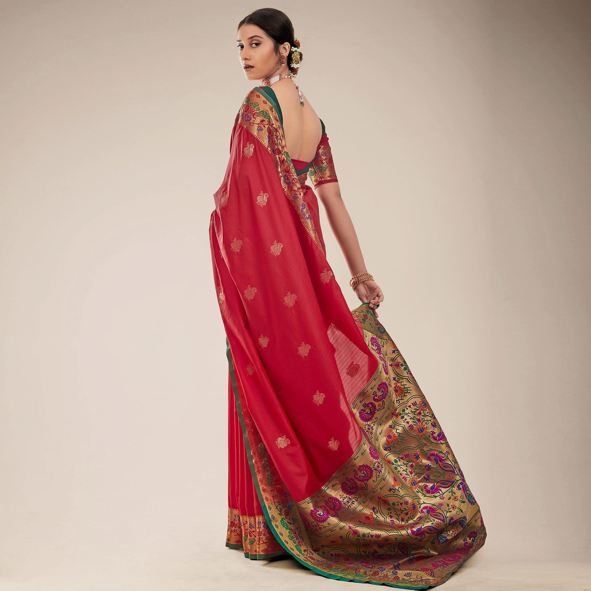 Red Festive Wear Woven Paithani Pallu Silk Saree - Peachmode