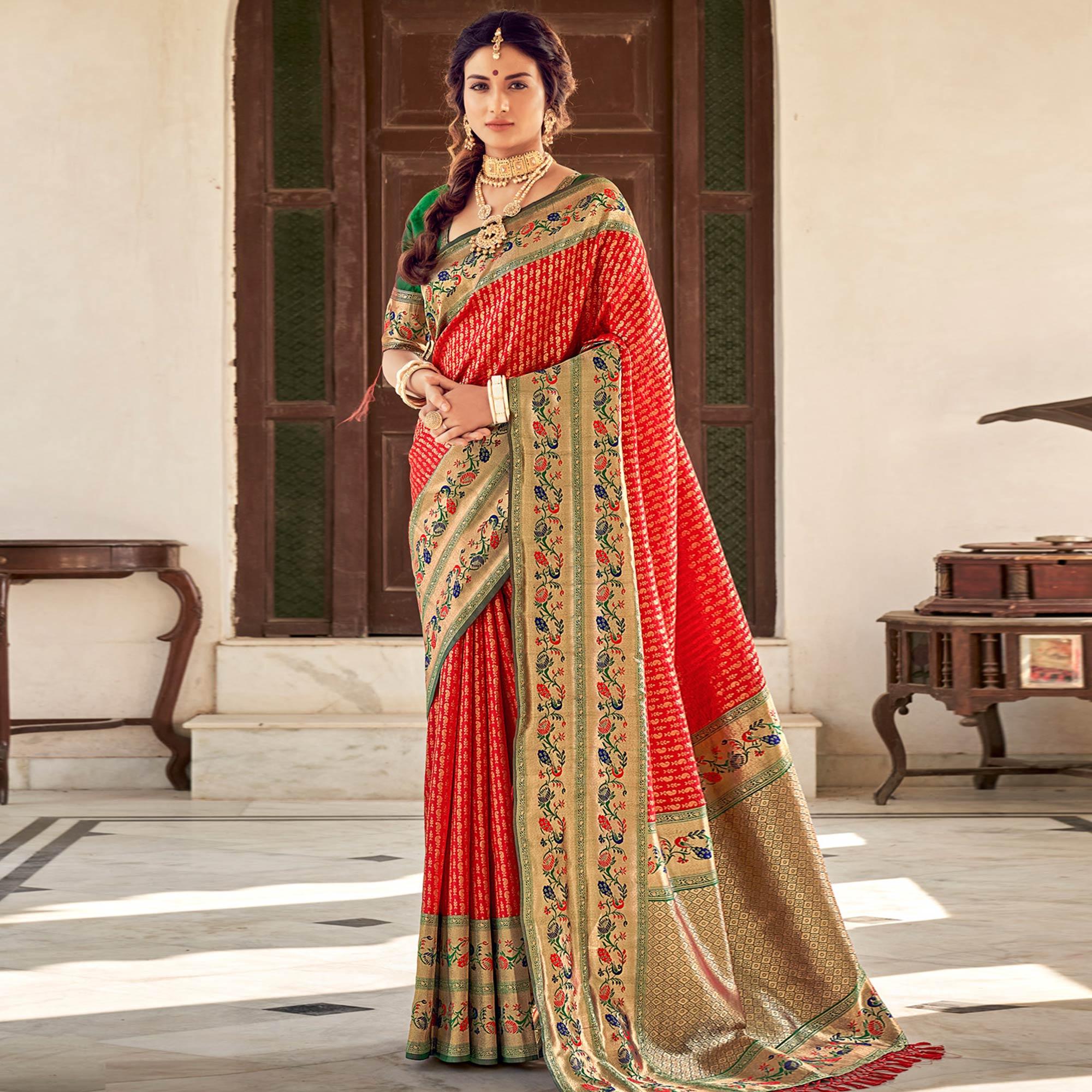Red Festive Wear Woven Paithani Silk Saree - Peachmode
