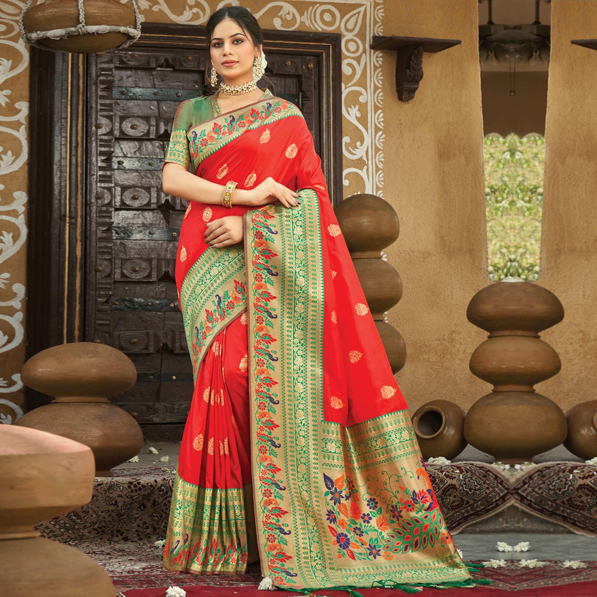 Red Festive Wear Woven Paithani Silk Saree - Peachmode