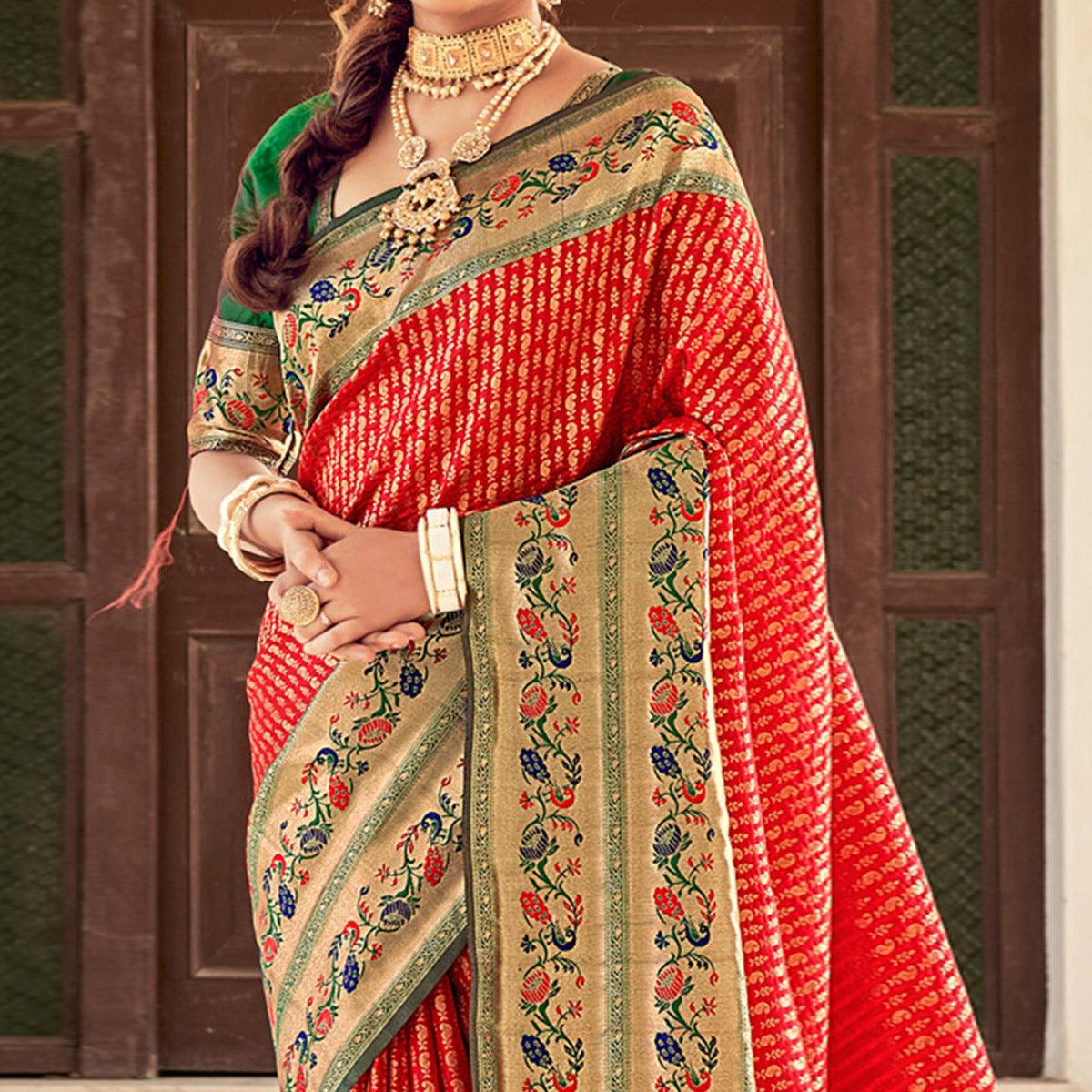 Red Festive Wear Woven Paithani Silk Saree - Peachmode
