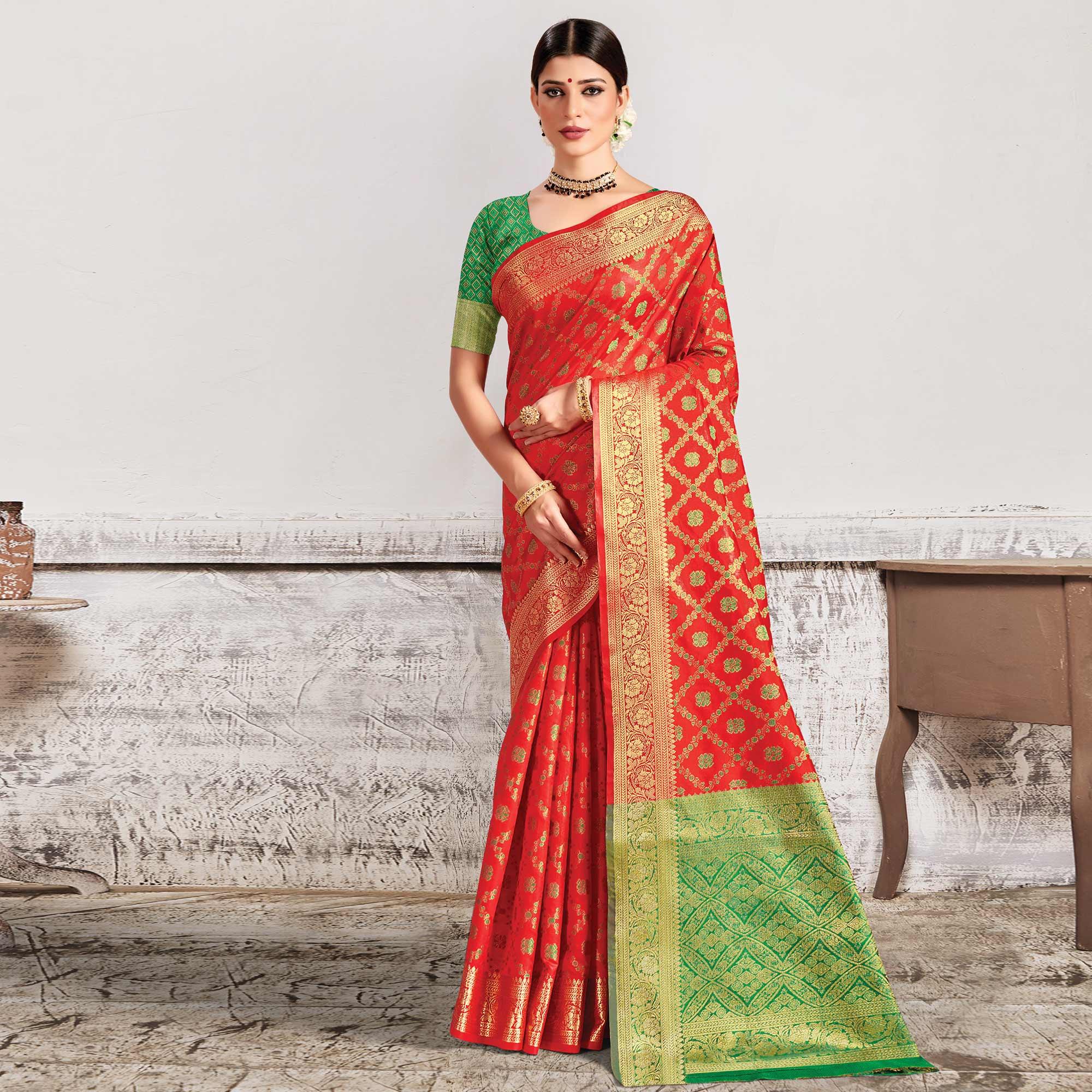 Red Festive Wear Woven Patola Silk Saree - Peachmode