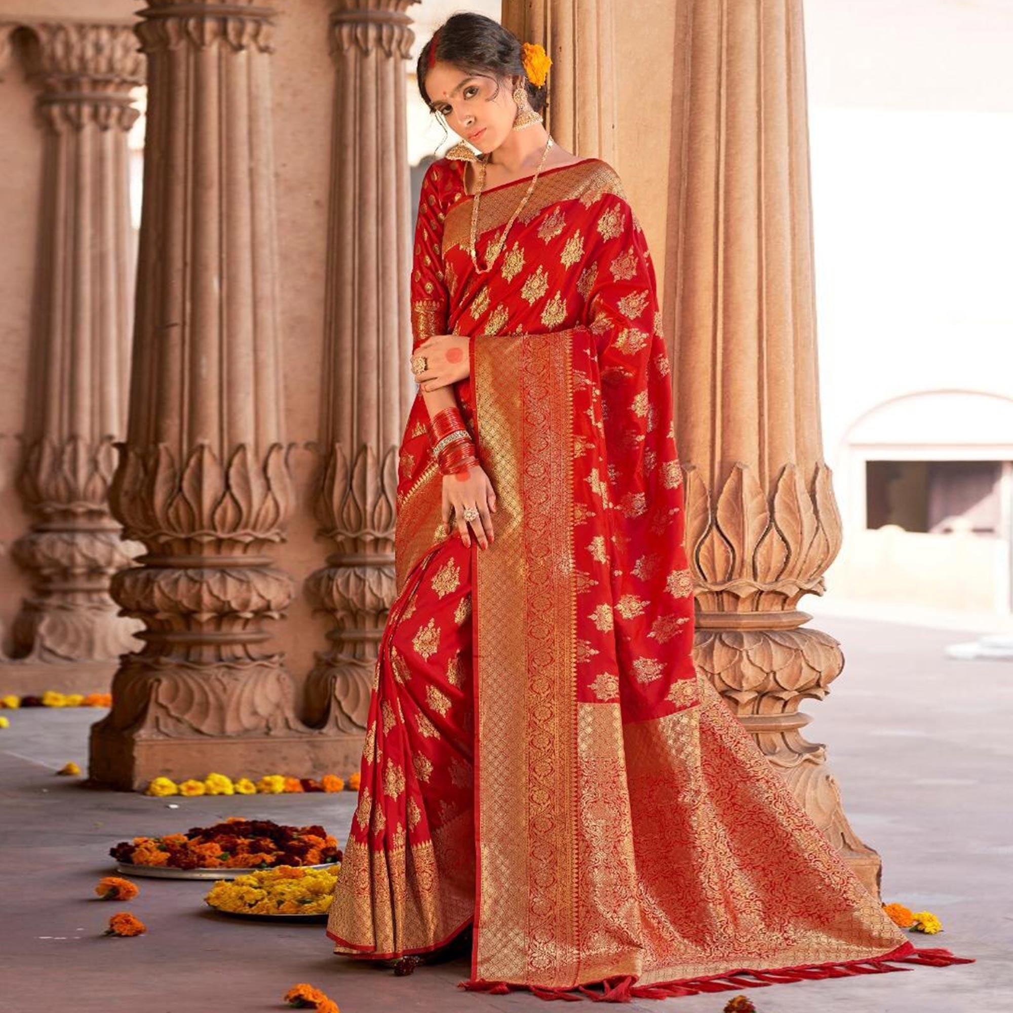 Red Festive Wear Woven Pure Satin Saree - Peachmode