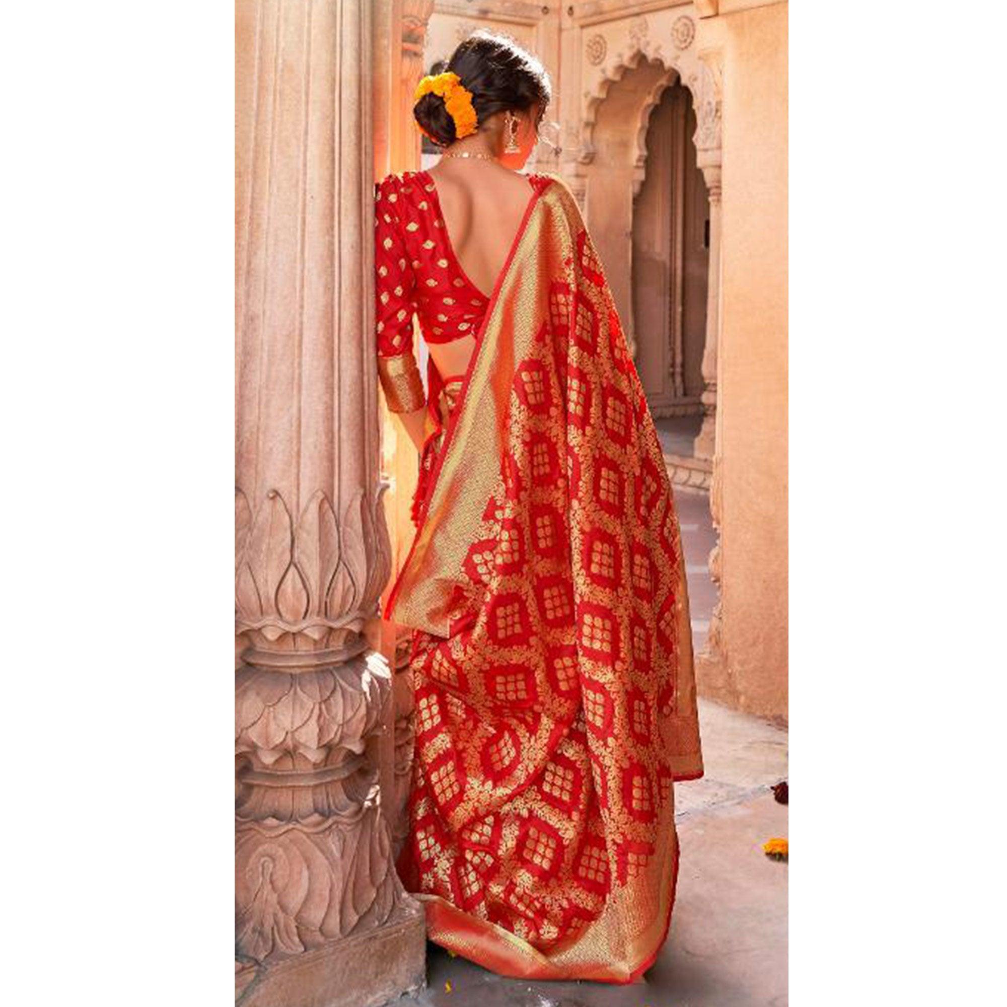 Red Festive Wear Woven Pure Satin Saree - Peachmode