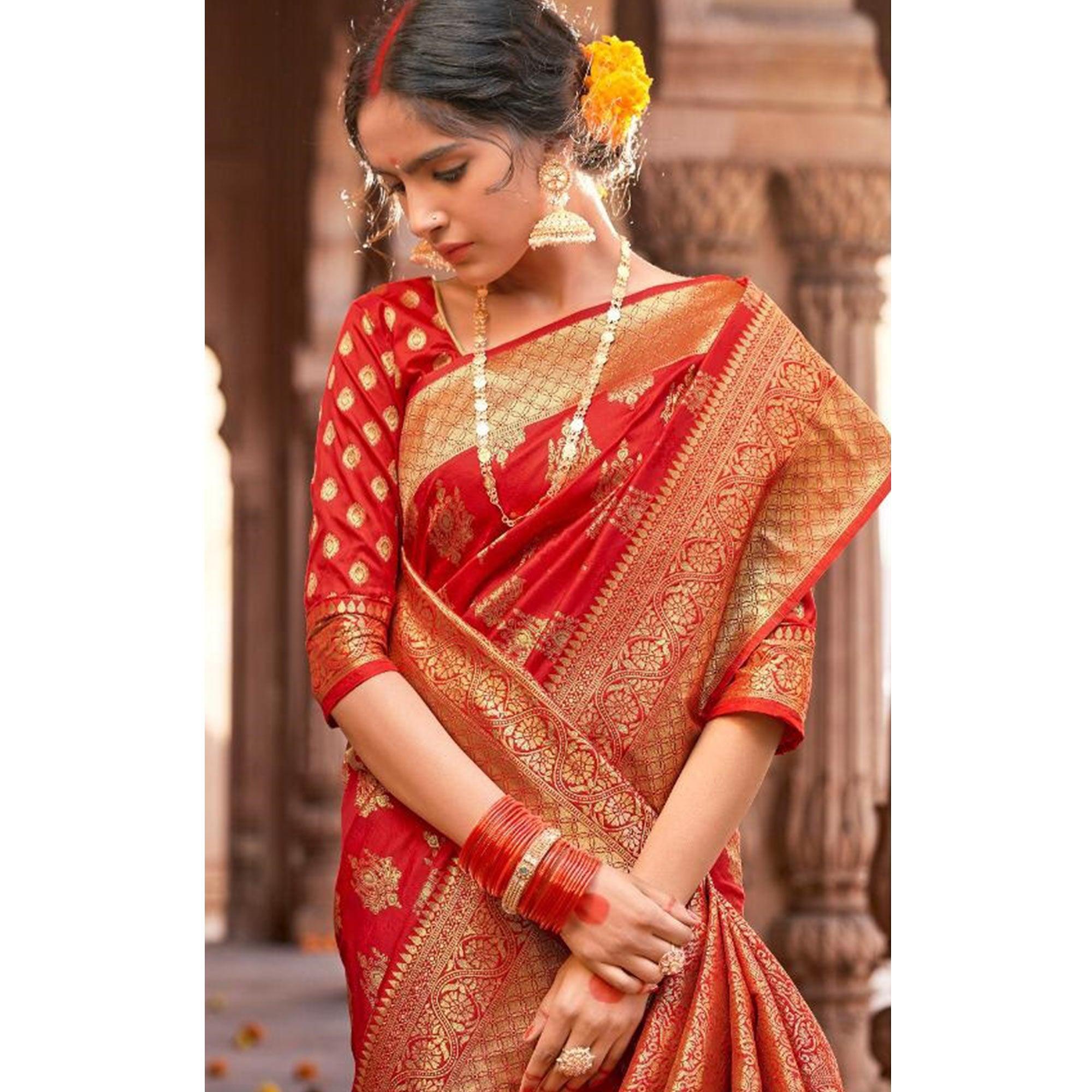 Red Festive Wear Woven Pure Satin Saree - Peachmode
