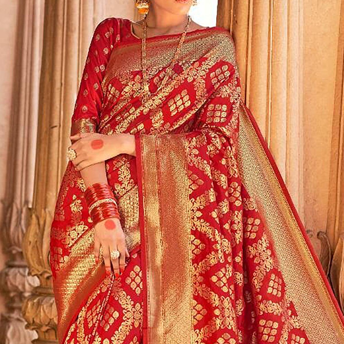 Red Festive Wear Woven Pure Satin Saree - Peachmode