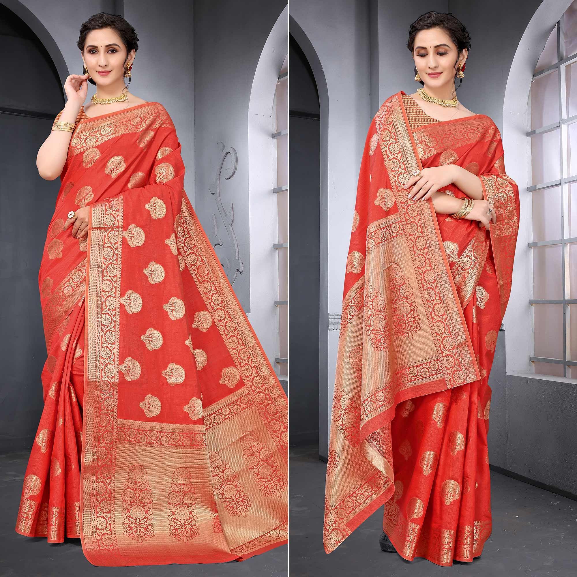Red Festive Wear Woven Raw Silk Saree - Peachmode