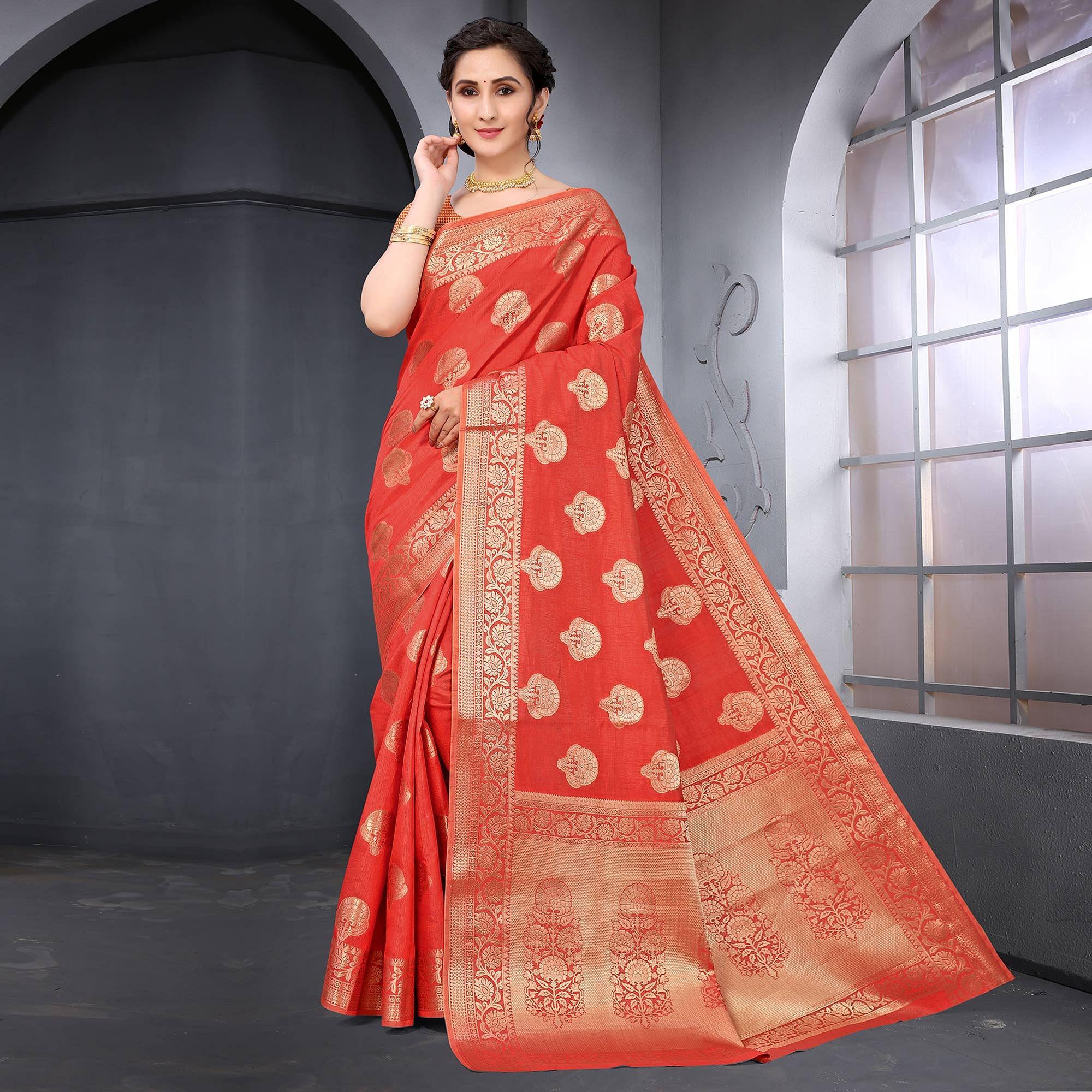 Red Festive Wear Woven Raw Silk Saree - Peachmode