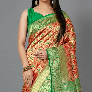 Red Festive Wear Woven Silk Blend Saree - Peachmode