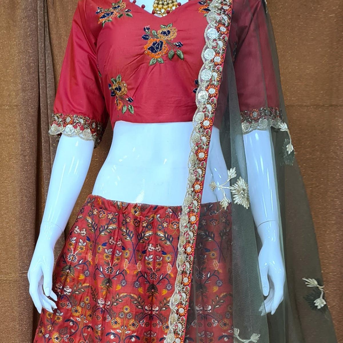 Red Festive Wear Woven Silk Lehenga Choli - Peachmode