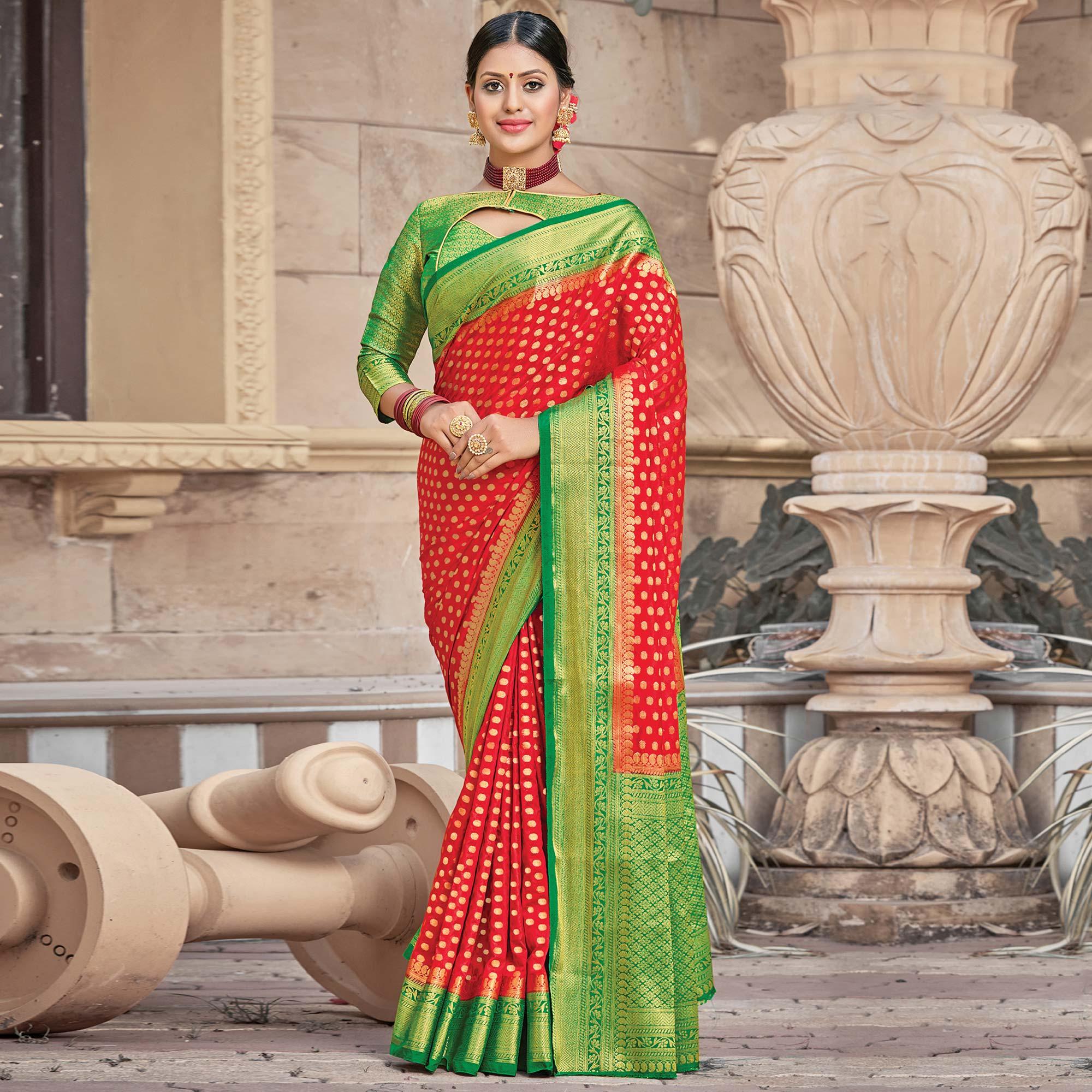 Red Festive Wear Woven Silk Saree - Peachmode