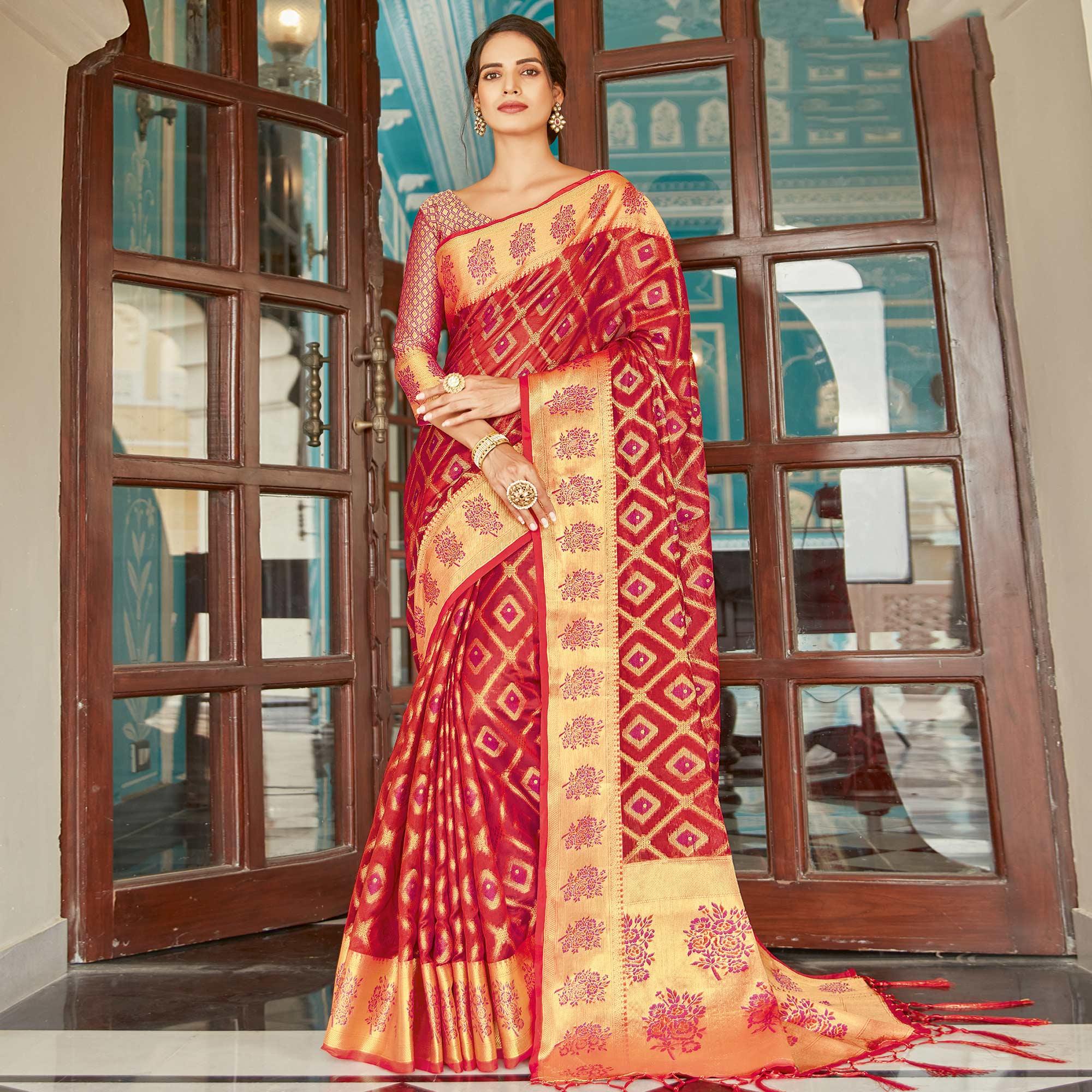 Red Festive Wear Woven Silk Saree - Peachmode