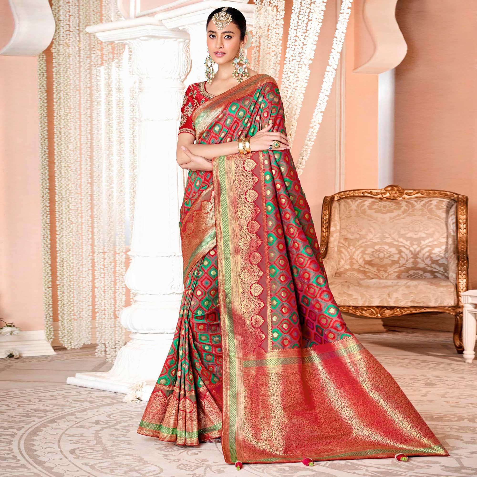 Red Festive Wear Woven Silk Saree - Peachmode