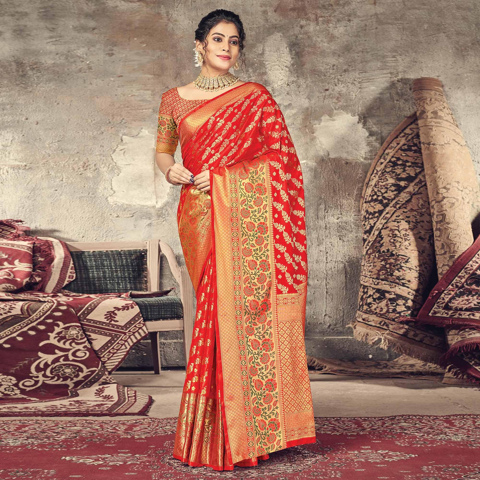 Red Festive Wear Woven Silk Saree - Peachmode