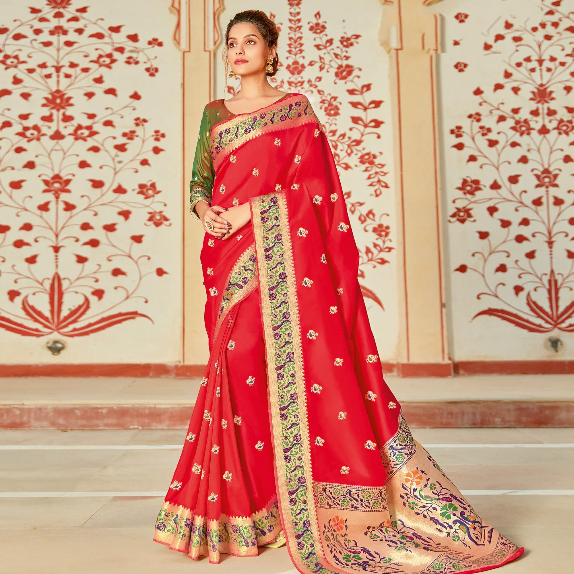 Red Festive Wear Woven Silk Saree - Peachmode