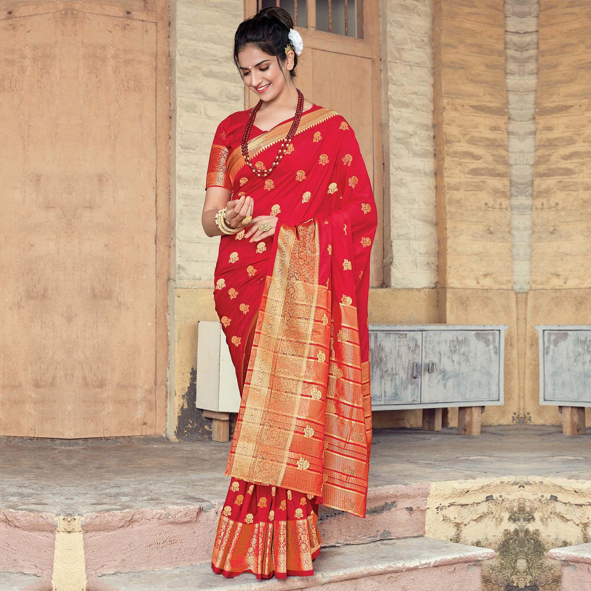 Red Festive Wear Woven Silk Saree - Peachmode