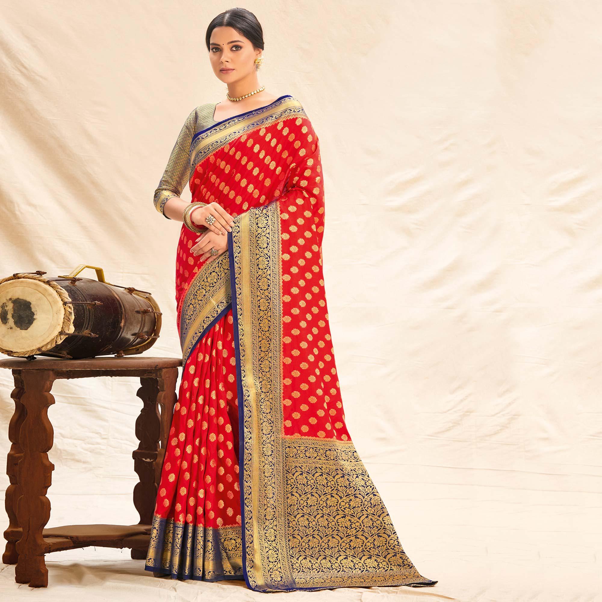 Red Festive Wear Woven Silk Saree - Peachmode