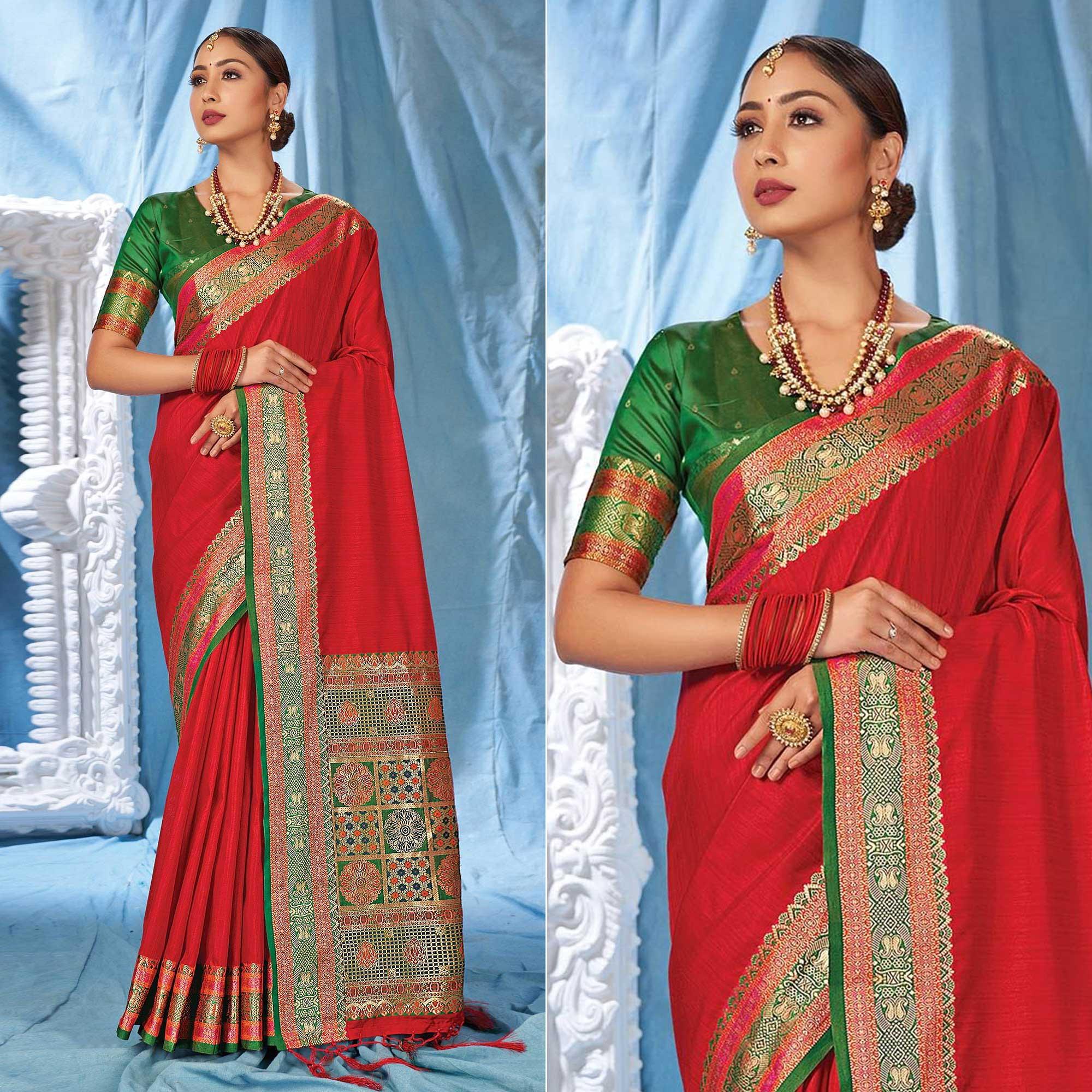 Red Festive Wear Woven Silk Saree - Peachmode