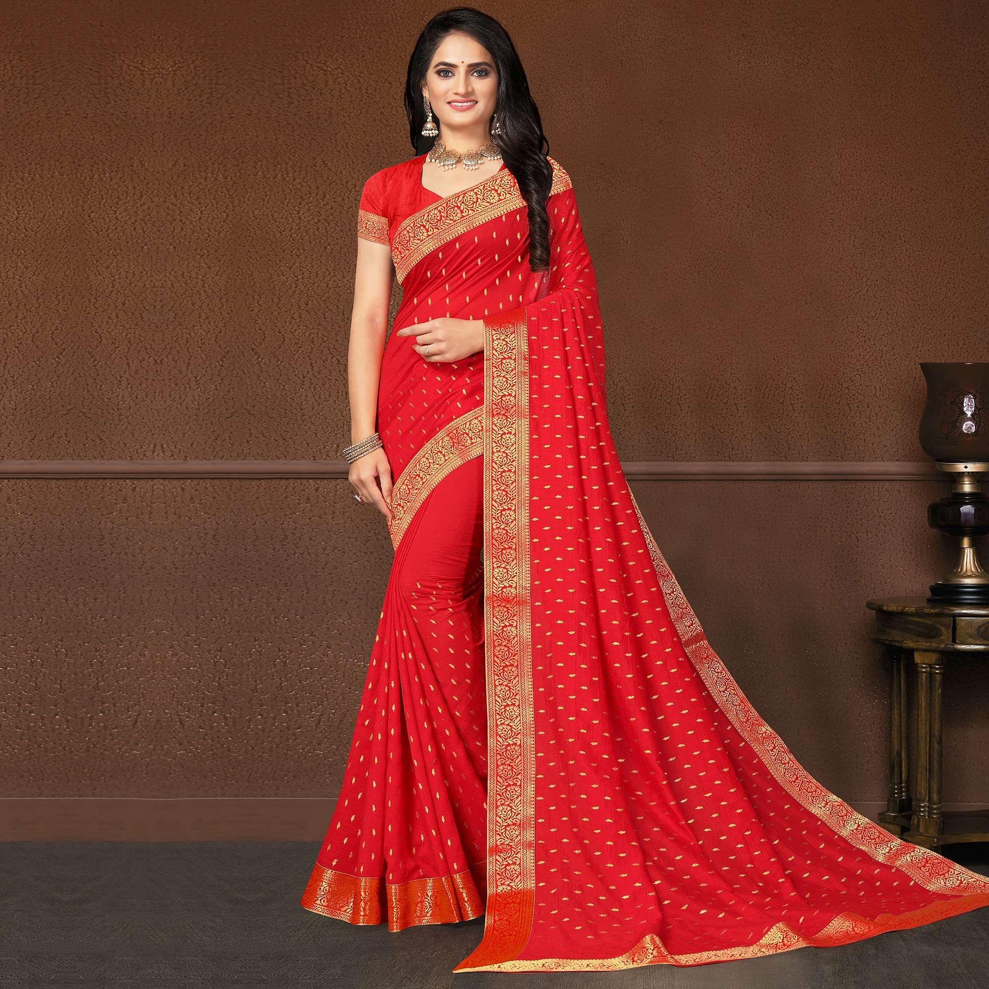 Red Festive Wear Woven Silk Saree - Peachmode