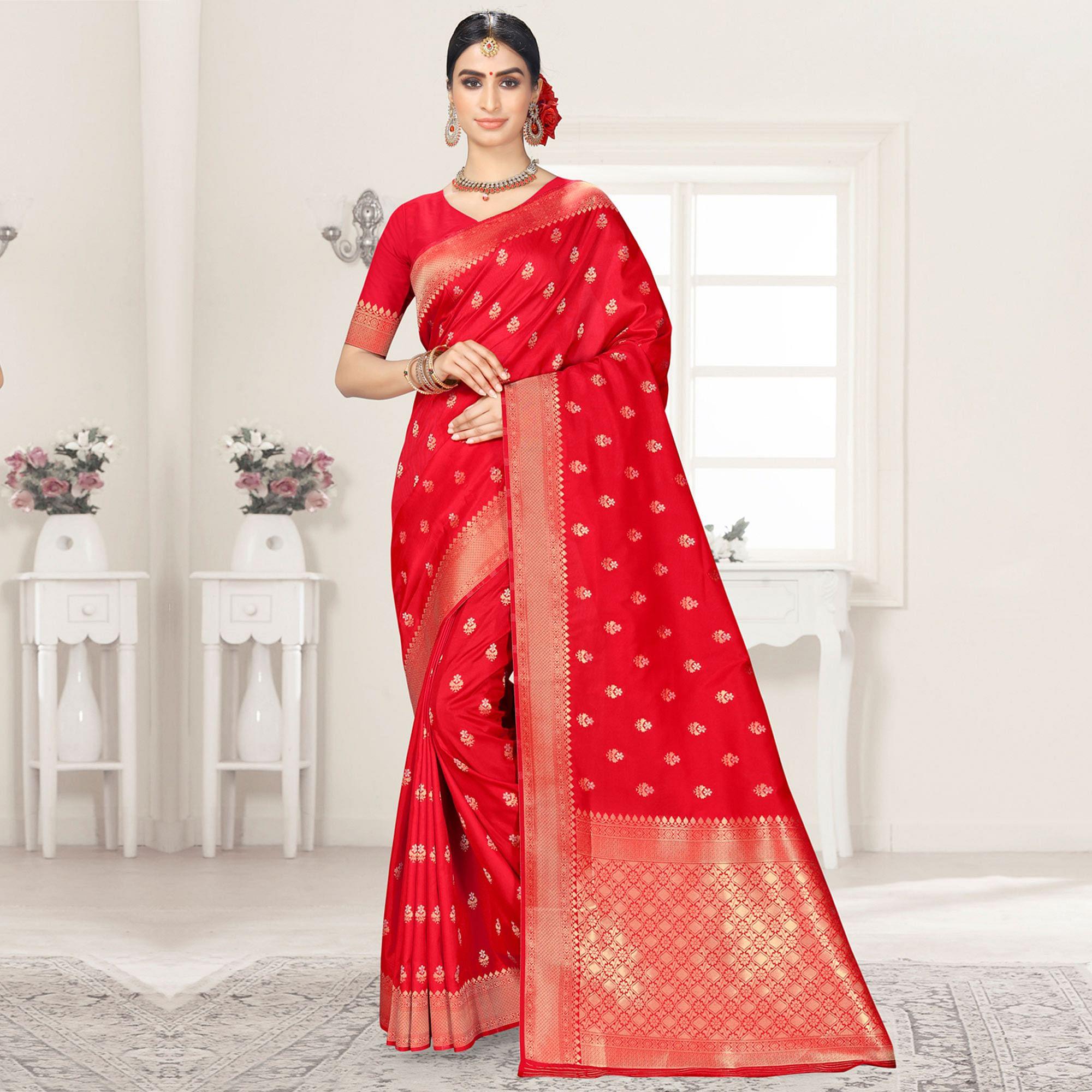 Red Festive Wear Woven Silk Saree - Peachmode