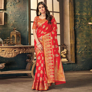 Red Festive Wear Woven Silk Saree - Peachmode