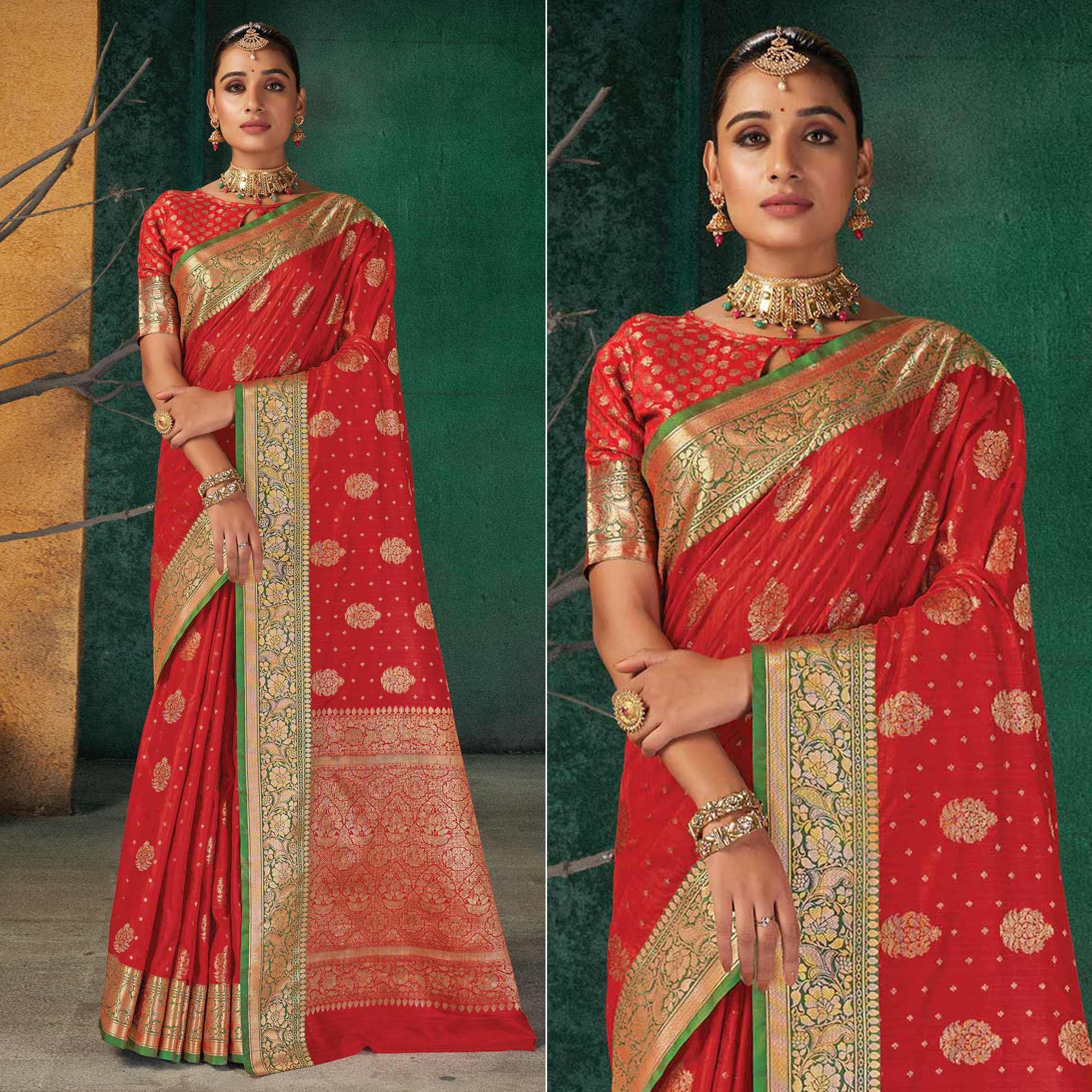 Red Festive Wear Woven Silk Saree - Peachmode
