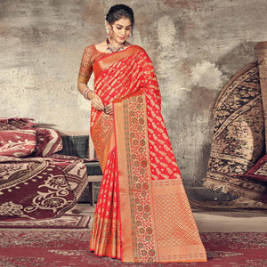 Red Festive Wear Woven Silk Saree - Peachmode
