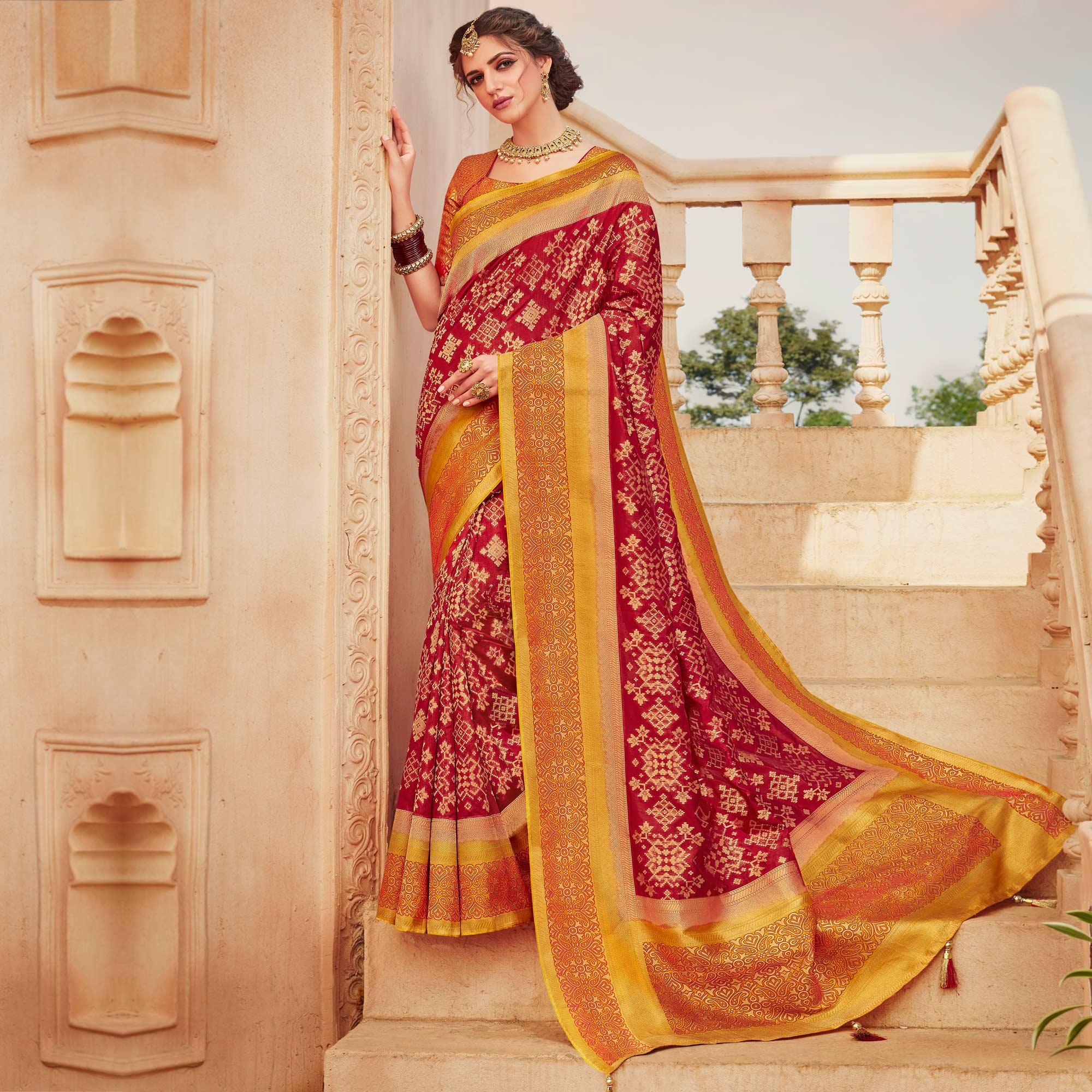 Red Festive Wear Woven Silk Saree - Peachmode