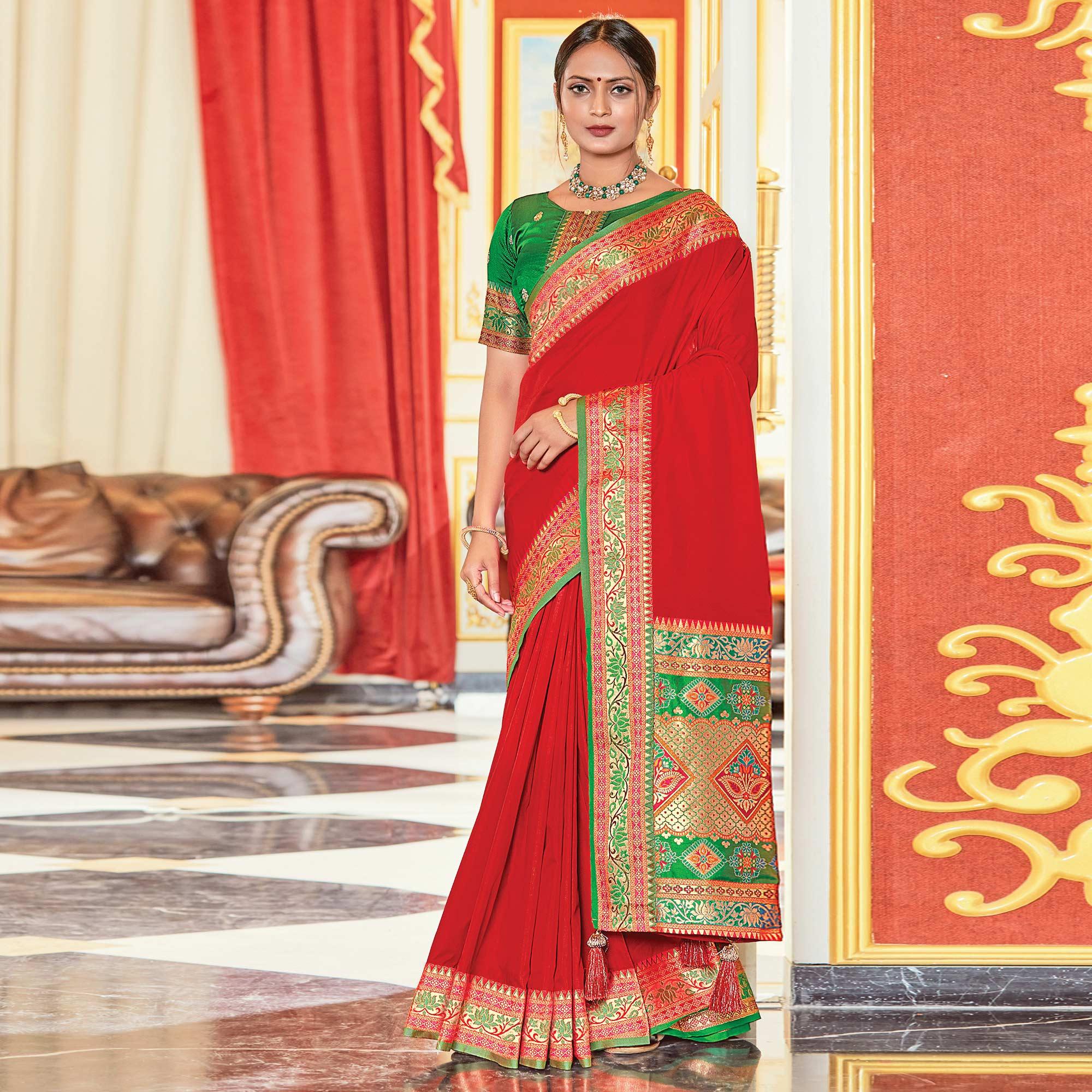 Red Festive Wear Woven Silk Saree - Peachmode