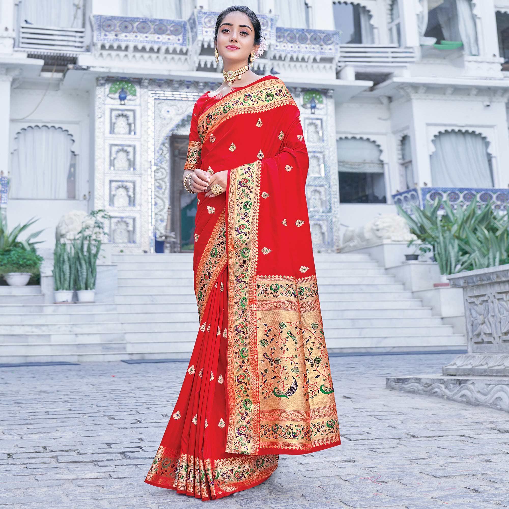 Red Festive Wear Woven Silk Saree - Peachmode