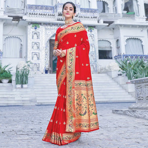 Red Festive Wear Woven Silk Saree - Peachmode