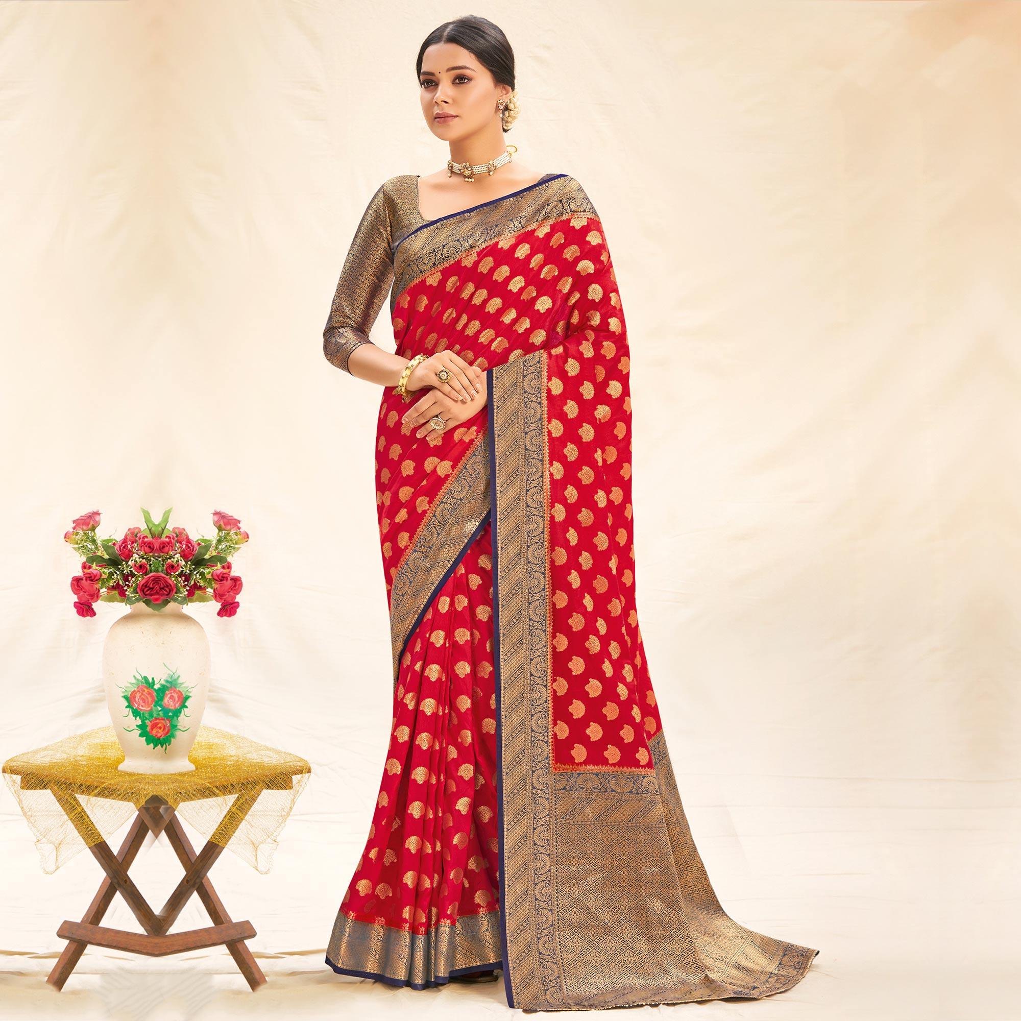 Red Festive Wear Woven Silk Saree - Peachmode