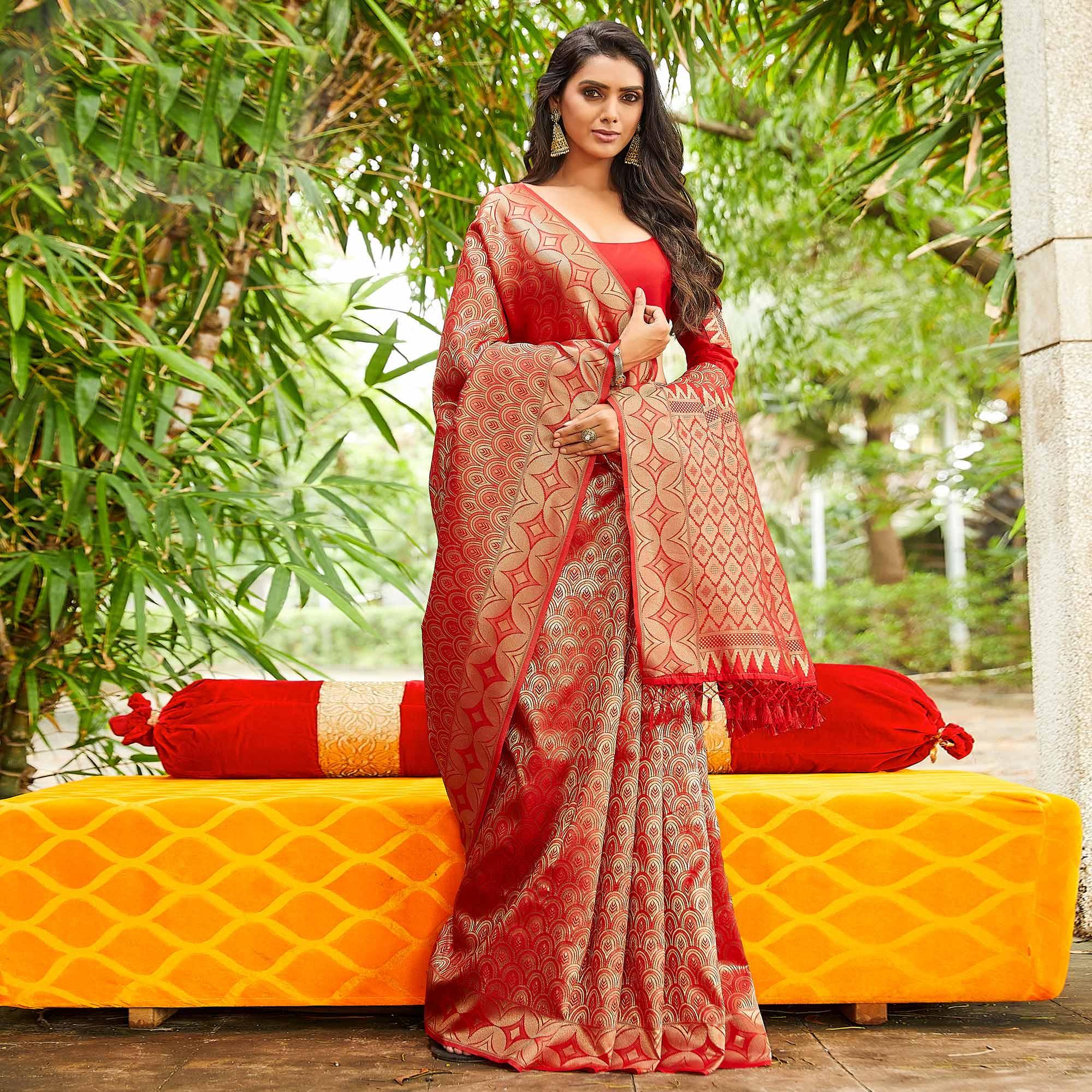 Red Festive Wear Woven Silk Saree - Peachmode