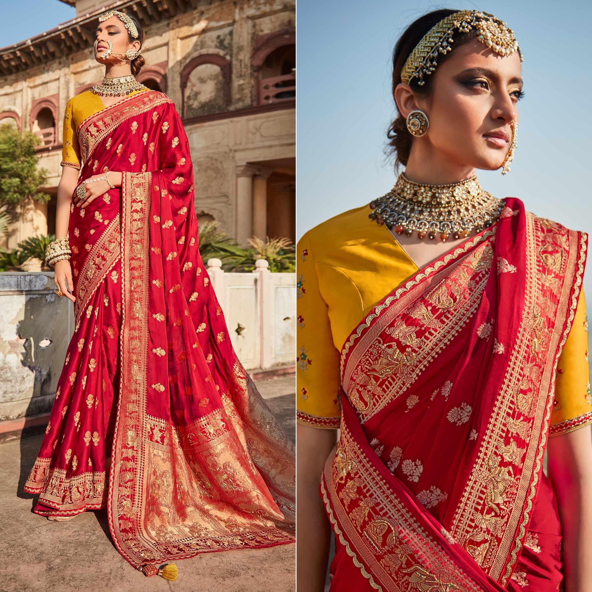 Red Festive Wear Woven Silk Saree - Peachmode
