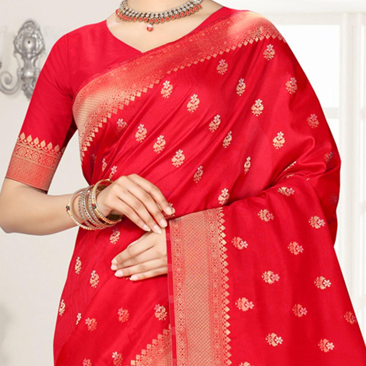 Red Festive Wear Woven Silk Saree - Peachmode