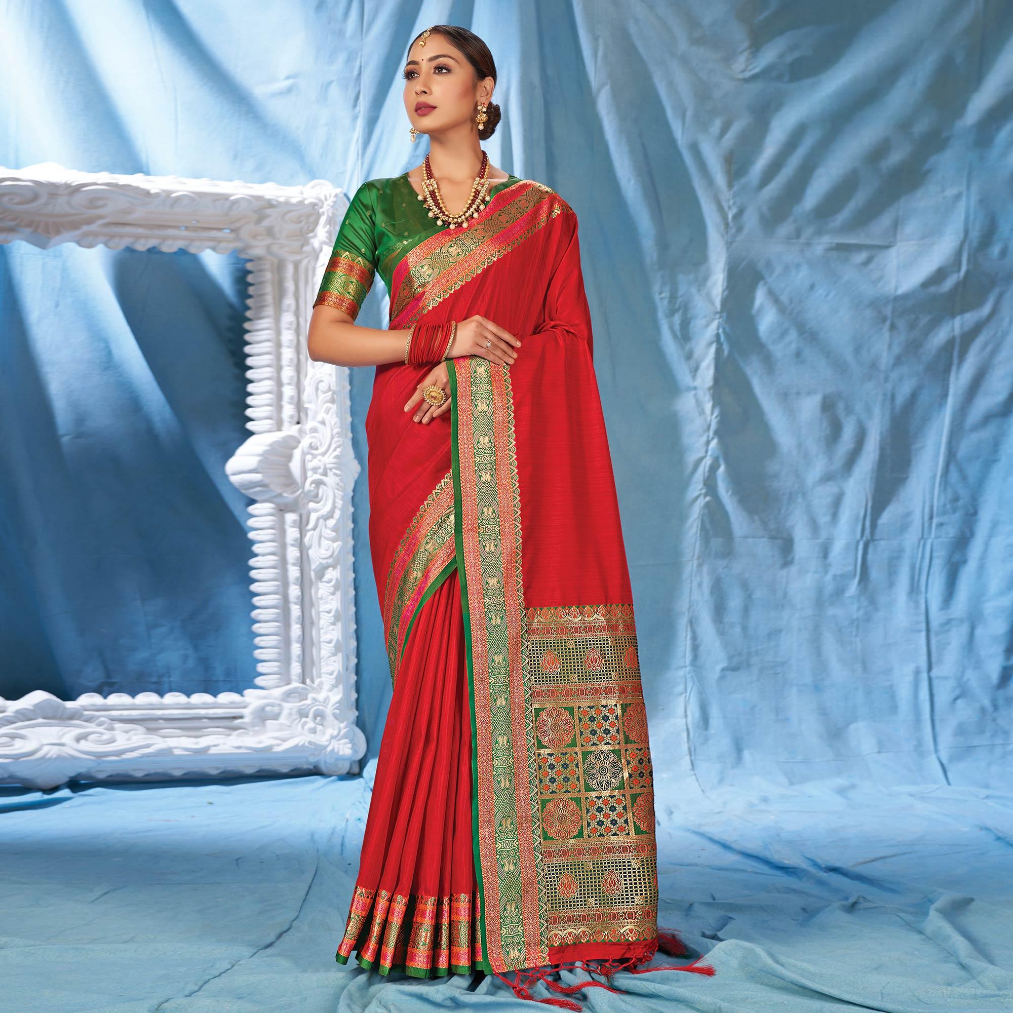 Red Festive Wear Woven Silk Saree - Peachmode