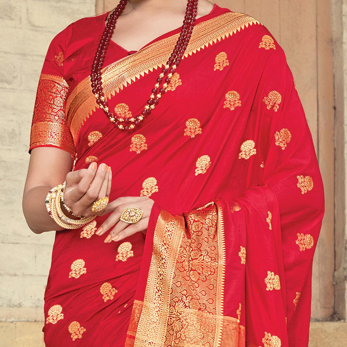 Red Festive Wear Woven Silk Saree - Peachmode