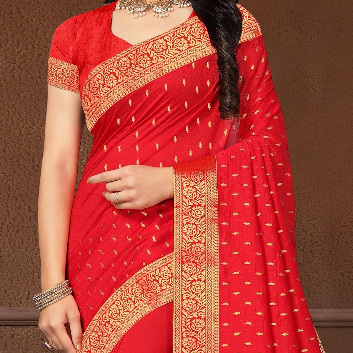 Red Festive Wear Woven Silk Saree - Peachmode