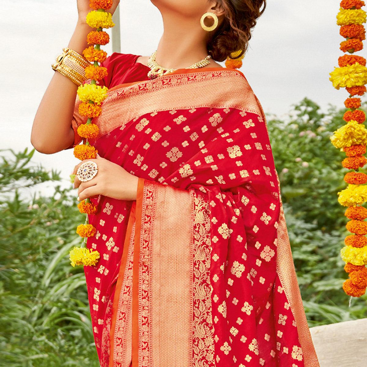Red Festive Wear Woven Silk Saree - Peachmode