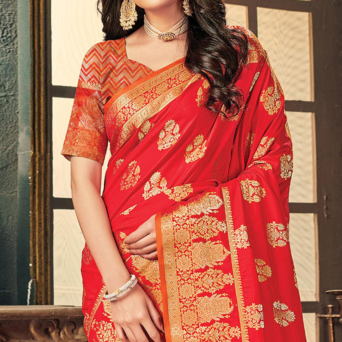 Red Festive Wear Woven Silk Saree - Peachmode