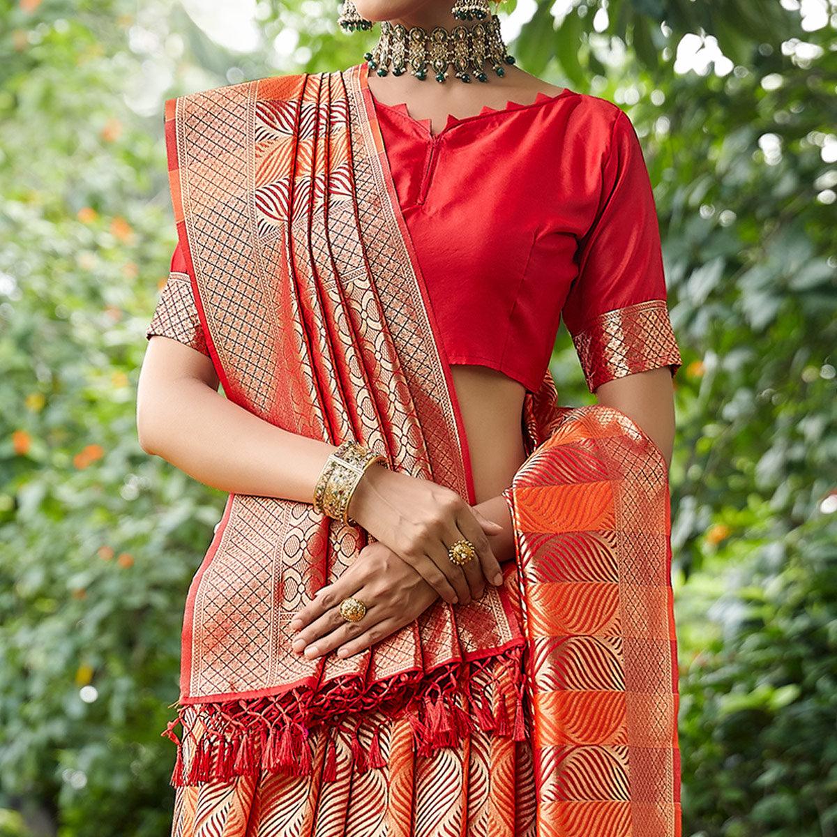 Red Festive Wear Woven Silk Saree - Peachmode