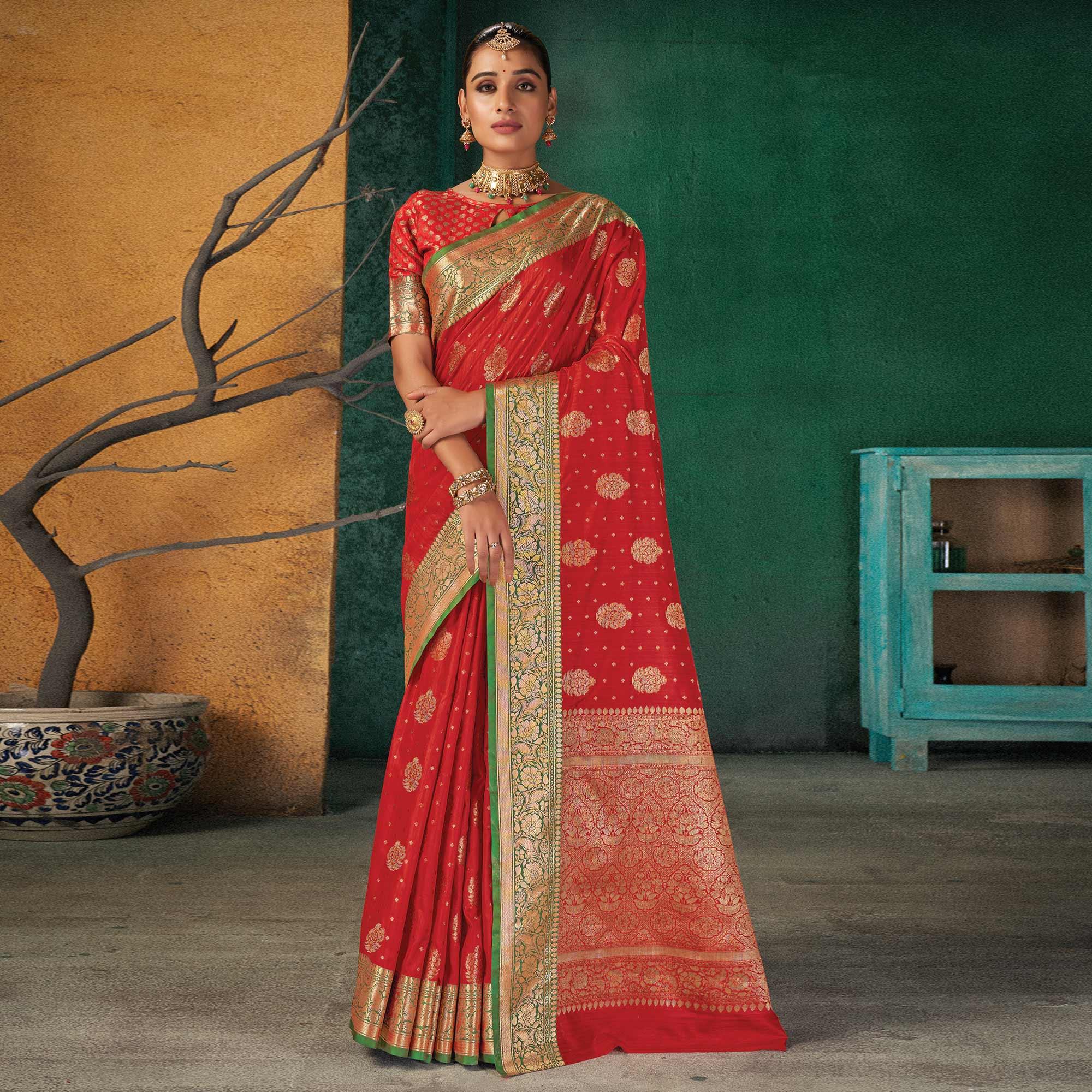 Red Festive Wear Woven Silk Saree - Peachmode