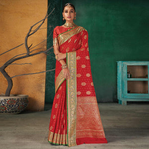 Red Festive Wear Woven Silk Saree - Peachmode