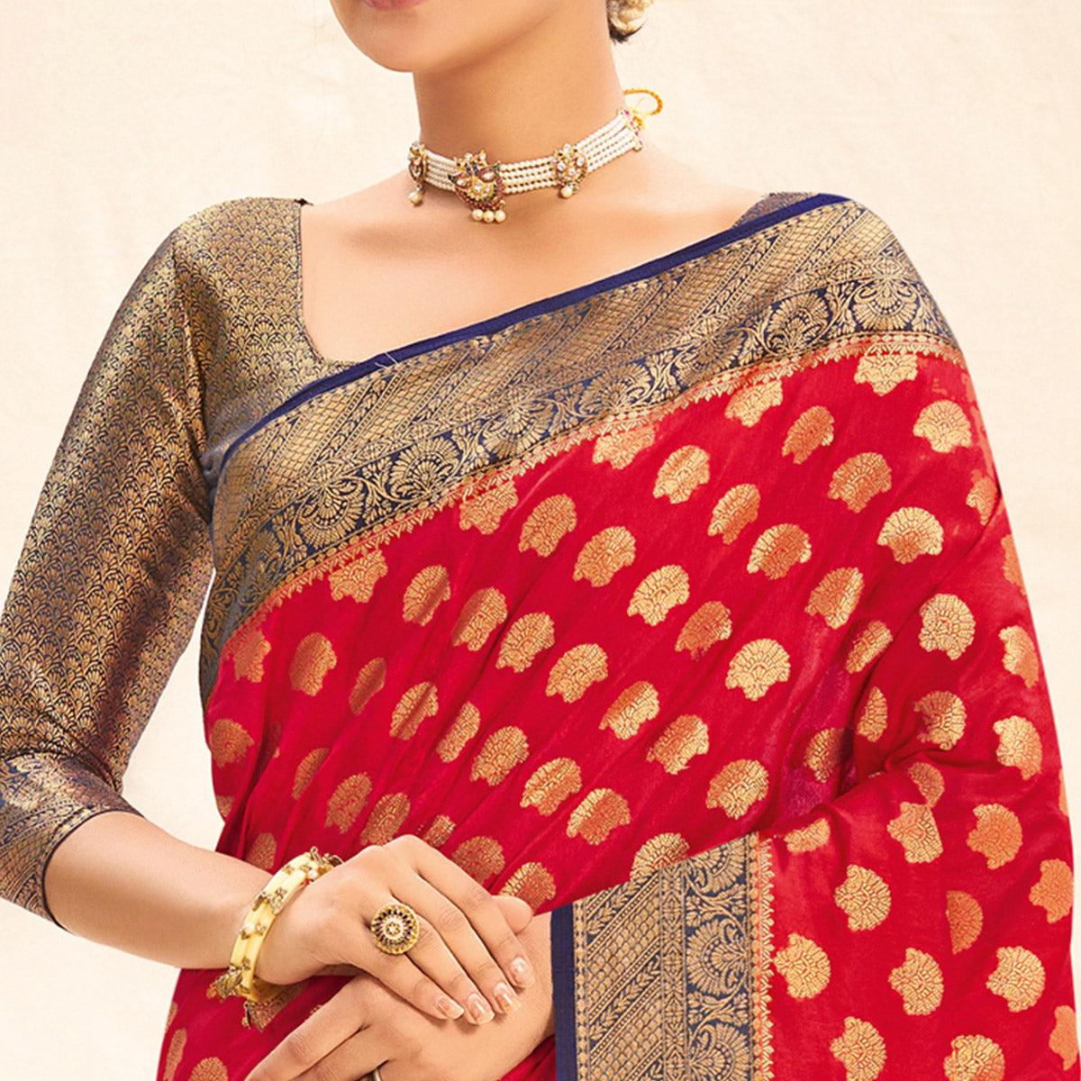 Red Festive Wear Woven Silk Saree - Peachmode