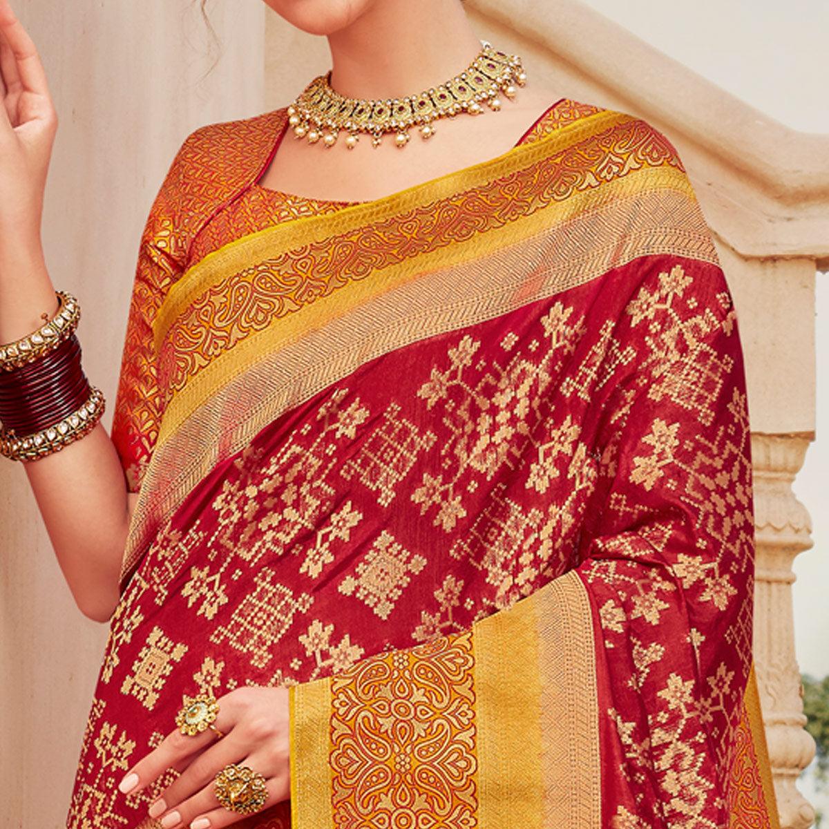 Red Festive Wear Woven Silk Saree - Peachmode