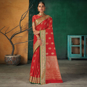 Red Festive Wear Woven Silk Saree - Peachmode