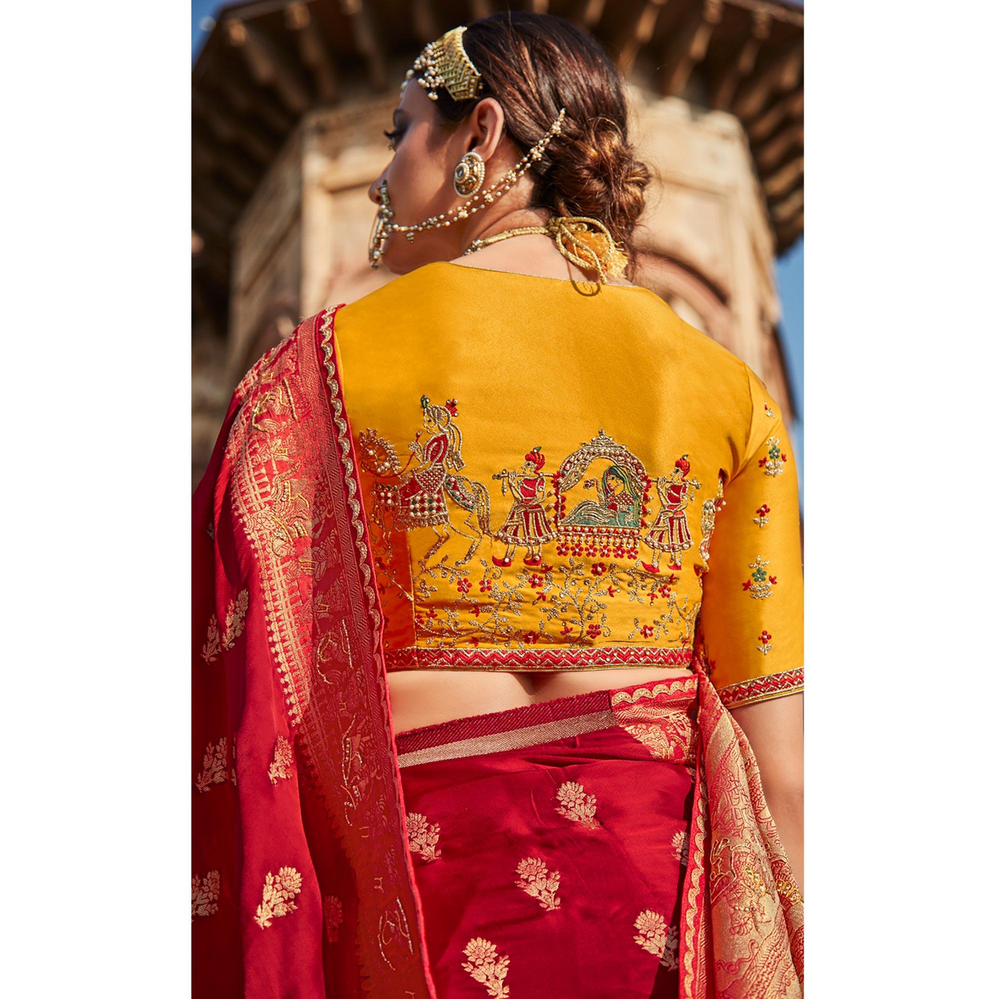 Red Festive Wear Woven Silk Saree - Peachmode