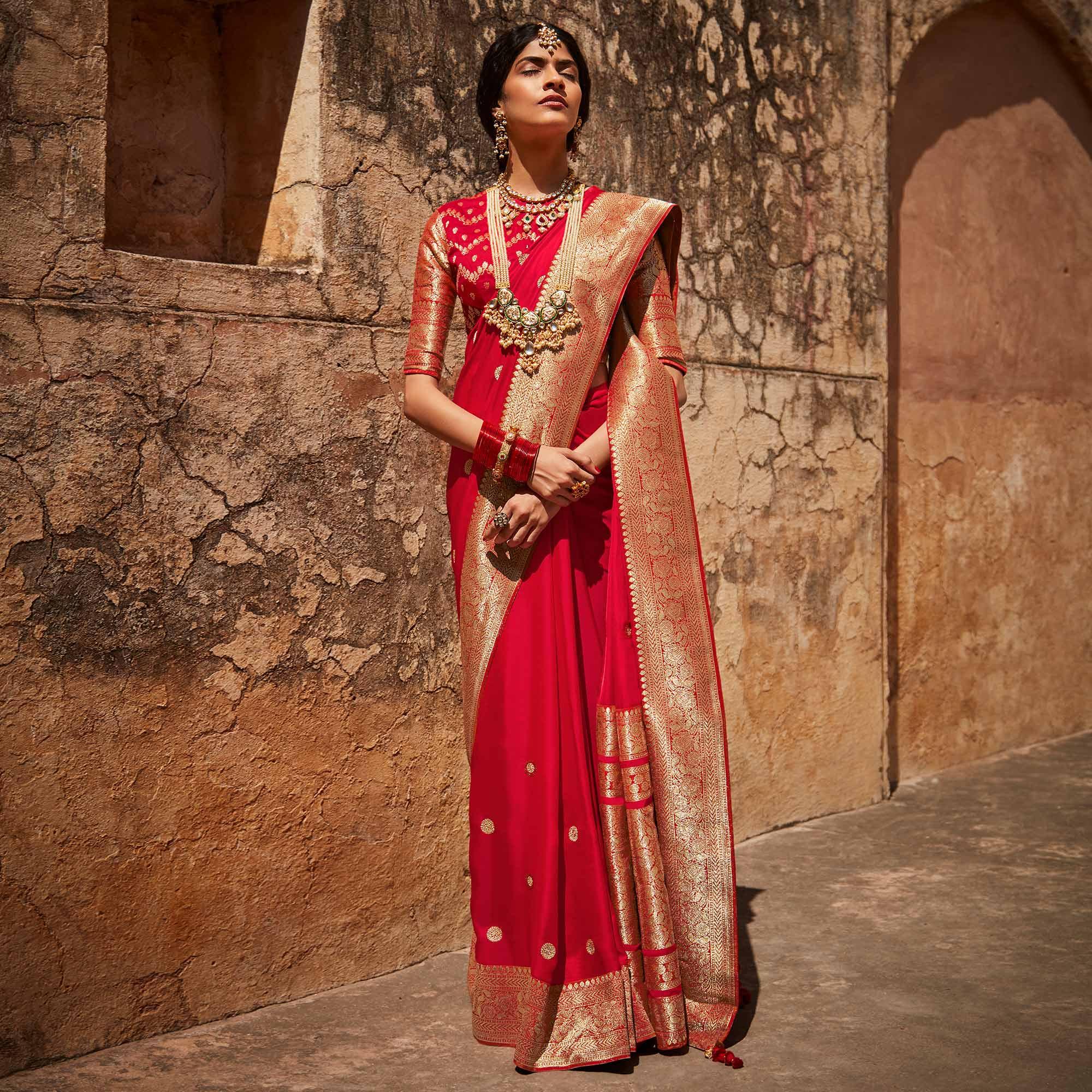 Red Festive Wear Woven Silk Saree - Peachmode